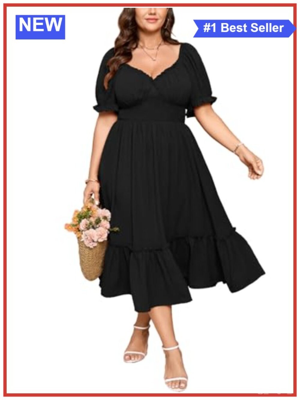 Plus Size Maxi Dress Smocked Sweetheart Neck Puff Sleeve Tiered Ruffle